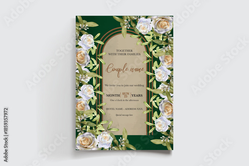 WEDDING INVITATION FRAME WITH FLOWER DECORATIONS AND FRESH LEAVES