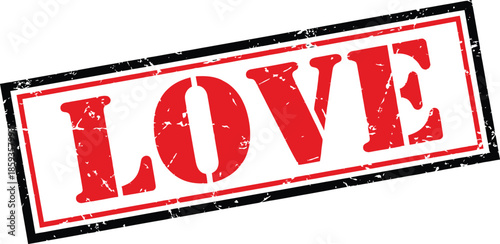 A rectangular rubber stamp with the word love boldly displayed in red ink on a white background