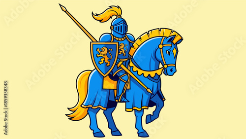 Blue Knight on Horseback with Spear and Shield Illustration.