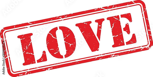 A distressed red rubber stamp displaying the word love in bold white capital letters isolated on a white background