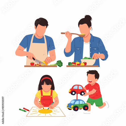 Family Activities At Home Parents Cooking Healthy Food Kids Drawing and Playing with Toys