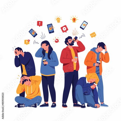 Stressed People Overwhelmed by Digital Distractions and Notifications Anxiety and Burnout Concept Illustration