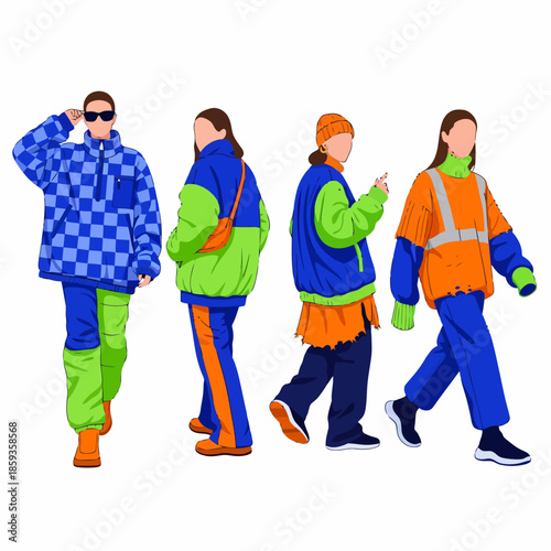 Stylish Modern Fashion Vector Illustration Diverse Group of People in Trendy Colorful Outfits