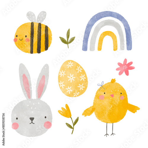 Happy Easter watercolor print. Cute hand drawn Spring illustration with eggs, flowers, leaves and bunny. My first Easter