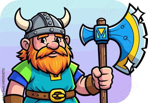 Cartoon Viking Warrior with Axe Ready for Battle.