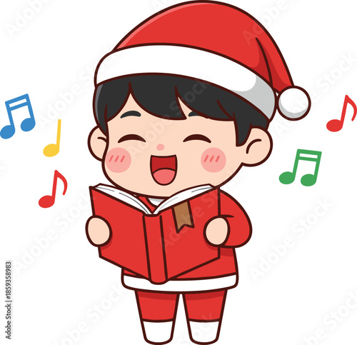 Cute Boy Singing Christmas Carol Wearing Santa Outfit with Song Book Cartoon Vector