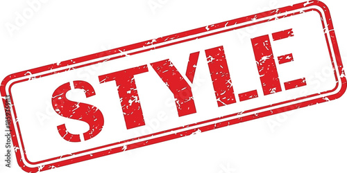 A distressed red stamp displaying the word style in large bold uppercase letters on a white background