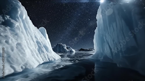 Majestic iceberg landscape under a brilliant starry night sky with a crescent moon a breathtaking Arctic scene evoking wonder and the vastness of nature