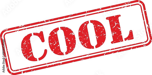 A rectangular red stamp displaying the word cool in bold uppercase letters isolated on a white background