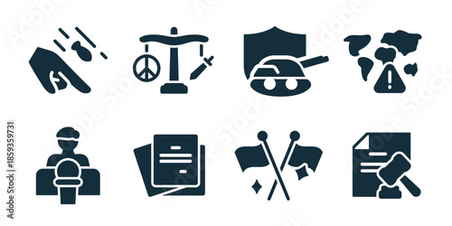 Diplomacy excellent icon collection. Set of peace agreement, balance justice, military shield, global warning, official speech, documents stack, crossed flags, signed document icons