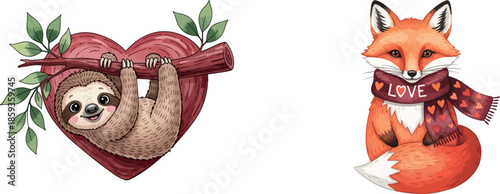 Cute Valentine’s Day Animals Watercolor Illustration on White Background, Generative Ai