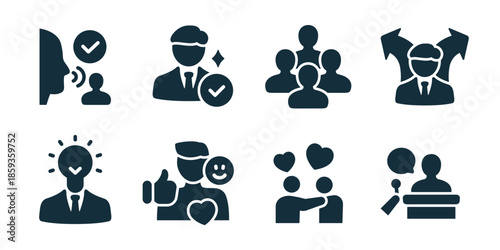 Soft skills excellent icon collection. Set of communication approval, professional trust, teamwork group, leadership choice, idea validation, positive feedback, empathy support, public speaking icons