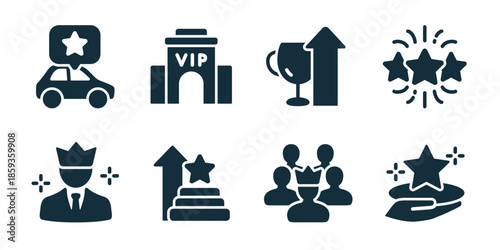 Loyalty benefits excellent icon collection. Set of vip access, reward stars, premium service, bonus points, customer status, special offer, achievement level, loyalty program icons