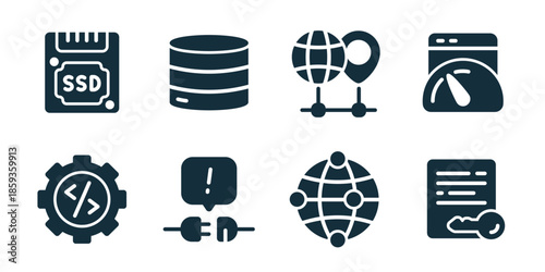 Web hosting excellent icon collection. Set of server rack, cloud security, global hosting, data transfer, network stability, database management, web performance, online service icons