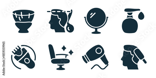 Barbershop excellent icon collection. Set of shaving bowl, razor head, cosmetic mirror, aftershave bottle, electric shaver, barber chair, hairdryer, male haircut icons