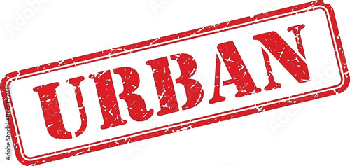 A rectangular red stamp with the word urban boldly displayed in white exhibiting a distressed texture and border