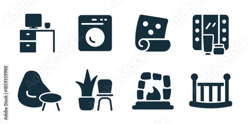 Interior excellent icon collection. Set of bookshelf, drawer cabinet, houseplant, armchair seat, mirror frame, storage shelf, wall decor, home furniture icons
