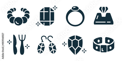 Jewelry excellent icon collection. Set of bead necklace, gemstone, ring, necklace bust, earrings, pendant, bracelet, jewel icons