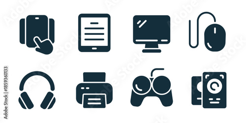 Devices and electronics excellent icon collection. Set of touchscreen tap, tablet, monitor, wired mouse, headphones, printer, game controller, external drive icons