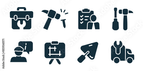 Repair and tools excellent icon collection. Set of toolbox, hammer nail, checklist worker, screwdriver hammer, support chat, project board, trowel, service icons