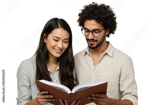 Young couple reading a book together isolated on transparent background
