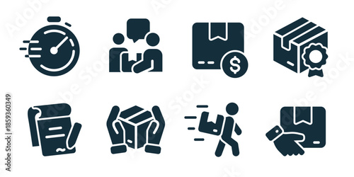 Business operations excellent icon collection. Speed timer, team discussion, payment box, certified package, signed contract, safe handling, express courier, package receipt icons