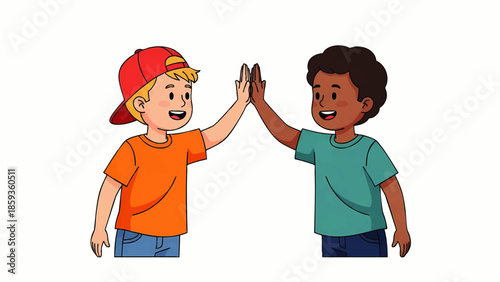 Animated illustration of two diverse children in casual clothing giving a high five, symbolizing friendship and teamwork on white background