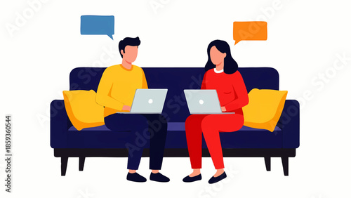 Illustration of two people working remotely on laptops, sitting on a couch in casual attire with colorful speech bubbles above them