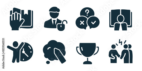 Soft skills excellent icon collection. Set of decision making, critical thinking, discussion table, adaptability action, problem solving, motivation boost, collaboration talk, personal growth icons