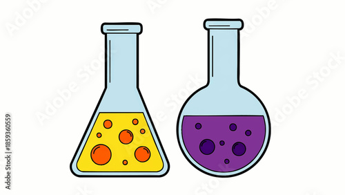 Illustration of Yellow Chemical in Conical Flask and Purple Liquid in Round Flask for Science, Chemistry Education Visuals
