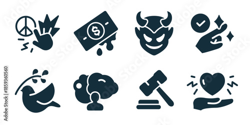 Morality excellent icon collection. Set of peace protest, bribery money, evil mask, honesty check, nature care, mental health, justice gavel, helping heart icons