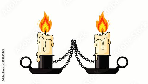 Illustration of two burning candles in black holders linked by chains, on white background, showcasing vintage decorative lighting