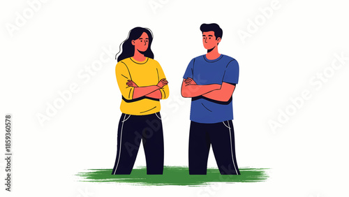 Illustration of two diverse individuals in casual attire standing with arms crossed on green grass with white background