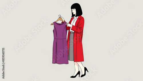 Fashionable woman in a red coat examines elegant purple dress on hanger, showcasing modern style and color contrast in fashion illustration