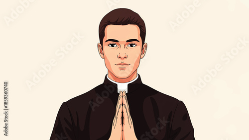 Serene young man in black jacket with hands pressed together in prayer or meditation wearing a mindful expression in a minimalistic setting