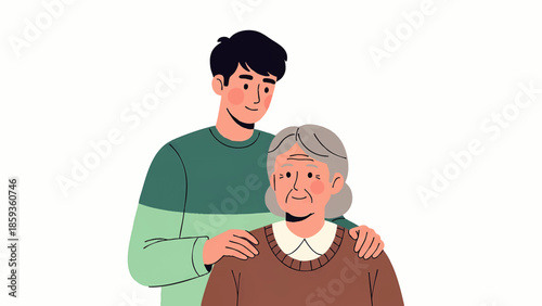 Illustration of Young Man Comforting Elderly Woman in Casual Clothes, Showcasing Intergenerational Support and Compassionate Connection