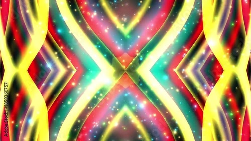 Abstract kaleidoscope motion background with glowing neon lines and sparkling particle effects