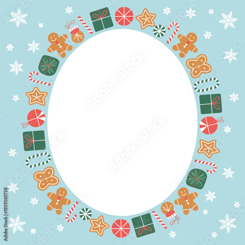 Christmas gingerbread cookies and candy cane border frame on light blue background