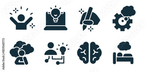 Idea and Inspiration excellent icon collection. Celebrating person, laptop idea bulb, handwriting pen, cloud gear, thinking person, connected idea, brain, sleep dream icons