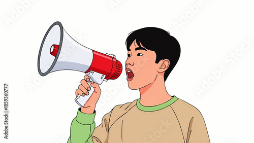 Young man holding a megaphone and speaking into it in a public outdoor setting emphasizing communication and announcement