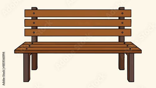 Empty park bench made of wooden planks and metal supports set against a plain background for outdoor seating or relaxation themes