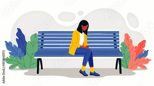 Serene woman sitting on park bench reading a book surrounded by lush greenery and colorful foliage on a pleasant day