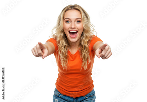 Excited young woman pointing forward isolated on transparent background