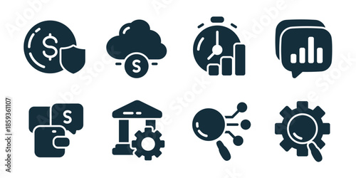 Financial protection excellent icon collection. Secure coin, cloud finance, growth analytics, statistics report, payment chat, banking system, network analysis, audit process icons