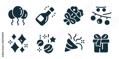 Celebration and lifestyle excellent icon collection. Balloons, party bottle, bouquet gift, garland lights, sparkle decor, surprise confetti, present box, holiday joy icons