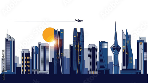 Modern Cityscape with Sleek Skyscrapers and Airplane Flying Past the Sun