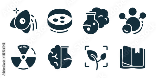 Science and experiment excellent icon collection. Loudspeaker alert, petri dish, chemistry flask, atom model, radiation sign, brain research, plant study, and education book icons