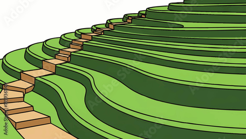 Lush Green Terraced Landscape with Winding Path overlay