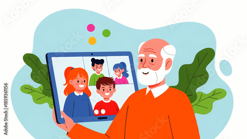 Senior Man Connects with Family via Video Call on Tablet Modern Communication Technology overlay