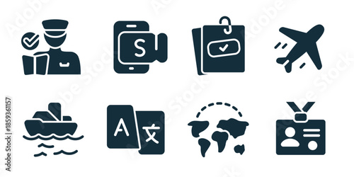 Immigration excellent icon collection. Set of passport control officer, visa approval, document stamp, airplane travel, border crossing, identity check, airport building, traveler luggage icons